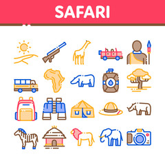 Safari Travel Collection Elements Icons Set Vector Thin Line. Animal And Africa, Car And Tree, Human Silhouette And Hat Safari Adventure Concept Linear Pictograms. Color Contour Illustrations