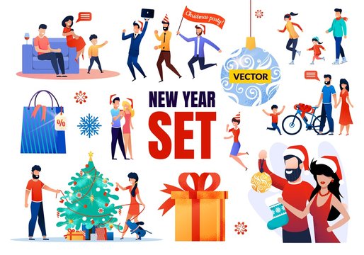 New Year Vector Set with Happy Family Celebrating