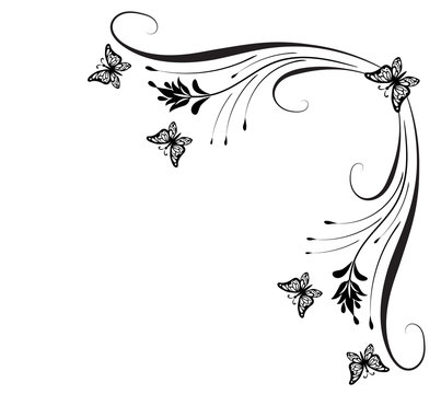 Decorative floral corner ornament with butterflies for stencil isolated on white background