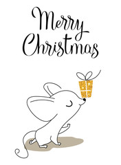 Mouse with a gift on the nose, greeting card for your design, vector illustration 10eps