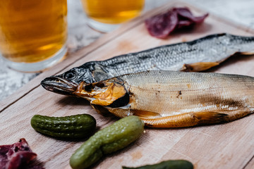 beer snacks on a wooden Board