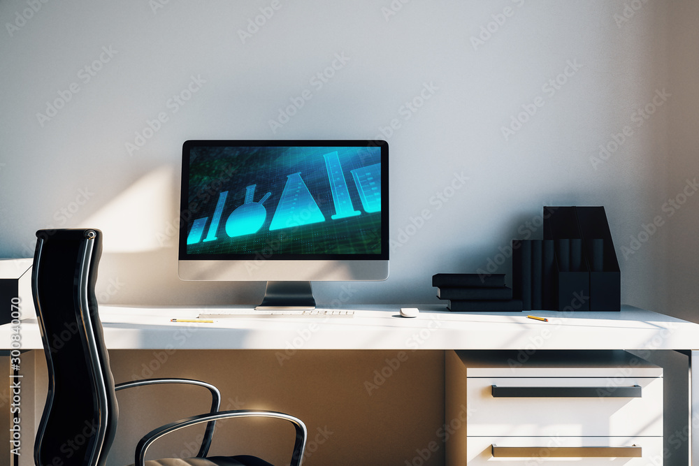 Poster desktop interior with computer, table and chair. fasks on screen. concept of education. 3d rendering