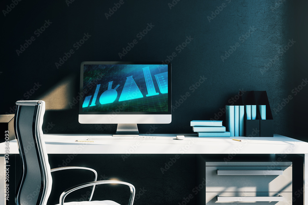 Poster desktop interior with computer, table and chair. fasks on screen. concept of education. 3d rendering