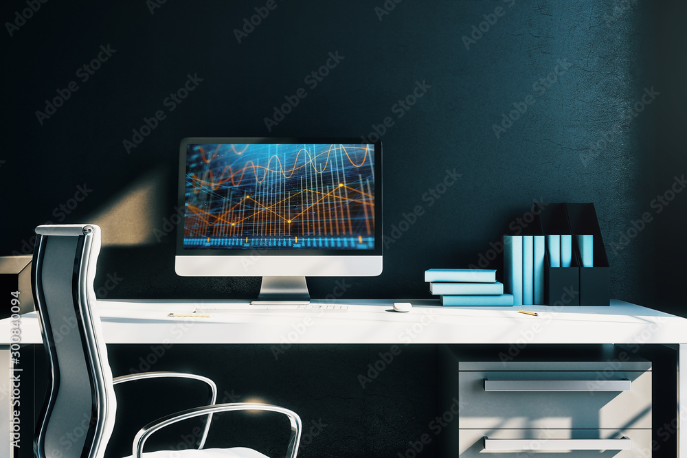 Poster cabinet desktop interior with financial charts and graphs on computer screen. concept of stock marke