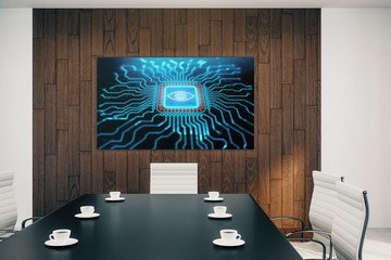 Conference room interior with abstract technology picture on screen monitor on the wall. Data innovation concept. 3d rendering.
