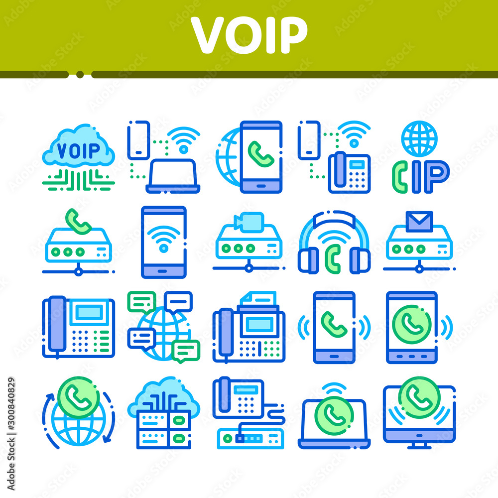 Sticker Voip Calling System Collection Icons Set Vector Thin Line. Server For Voice Ip And Cloud, Smartphone And Phone, Wifi Mark And Headphones Concept Linear Pictograms. Color Contour Illustrations