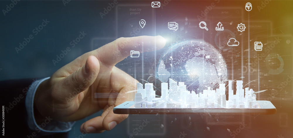 Poster businessman holding smart city user interface with icon, stats and data 3d rendering