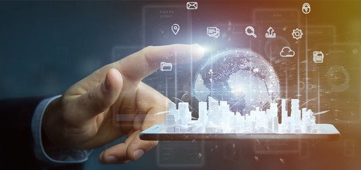 Businessman holding Smart city user interface with icon, stats and data 3d rendering