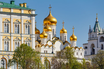 Fototapeta na wymiar Cathedral of the Annunciation on the territory of Moscow Kremlin in sunny spring morning. Moscow Kremlin is a famous touristic landmark in Moscow downtown