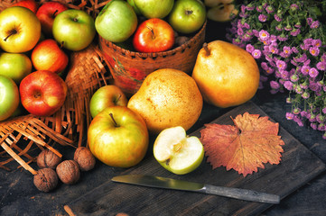 Naklejka na ściany i meble Ripe green and red apples on a wooden table. Still life of autumn fruits