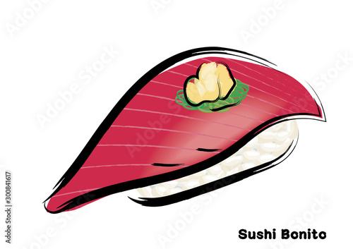Fototapete 筆タッチ 手描きの寿司 鮨のイラスト 鰹 カツオの握り寿司のイラスト Illustration Of Traditional Japanese Food Nigiri Sushi Globeds Fototapete 筆タッチ 手描きの寿司 鮨のイラスト 鰹 カツオの握り寿司のイラスト Illustration Of Traditional Japanese Food Nigiri Sushi Globeds