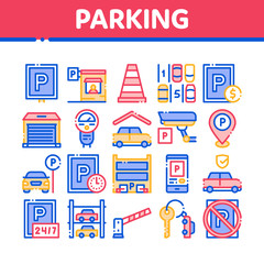Parking Car Collection Elements Icons Set Vector Thin Line. Garage And Parking Mark, Video Camera And Automatic Barrier, Vehicle And Key Concept Linear Pictograms. Color Contour Illustrations
