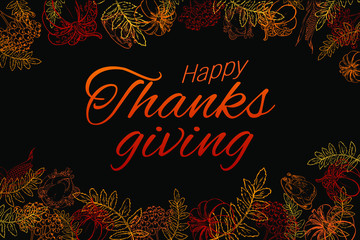 Hand drawn vector illustration for Thanksgiving. Pattern of Pumpkins, leaves, turkey in fall colors on  black background. Design for prints, flyers,banners, invitations,special offer, greeting card.