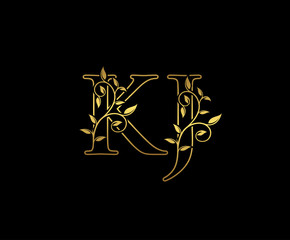 Golden letter K and J, KJ vintage decorative ornament emblem badge, overlapping monogram logo, elegant luxury gold color on black background.