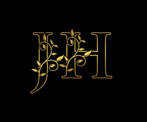 Classy letter J and H, JH  vintage decorative ornament emblem badge, overlapping monogram logo, elegant luxury gold color on black background.