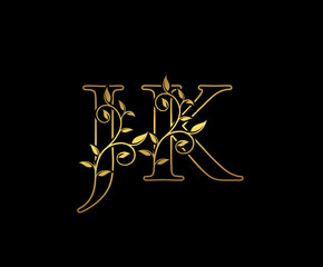 Classy letter J and K, JK  vintage decorative ornament emblem badge, overlapping monogram logo, elegant luxury gold color on black background.