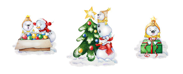 Watercolor set preparation for Christmas and New Year. Snowman characters are considering New Year's toys, decorating a Christmas tree, packing a gift.