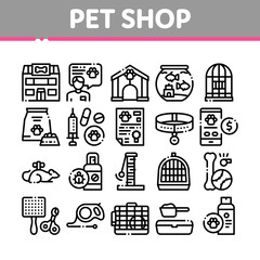 Pet Shop Collection Elements Icons Set Vector Thin Line. Shop Building And Aquarium, Bowl And Collar, Gaming Accessory And Medicaments Concept Linear Pictograms. Monochrome Contour Illustrations
