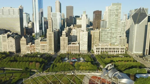 Static aerial shot of the Bean in Chicago's famous Millennium Park