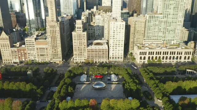 Static aerial shot of the Bean in Chicago's famous Millennium Park