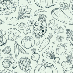 seamless pattern of  different vegetables. Vintage hand drawn sketch style. Frames for decoration, menu. Ink, linear graphic, Engraved style