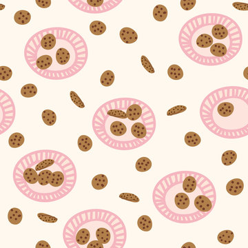 A seamless vector pattern with pink plates and milk chocolate chip cookies on a light background. Baking themed surface print design.