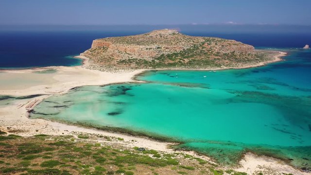 Aerial view on Tigani cape and Balos lagoon with sandy sea beach. Crete, Greece.