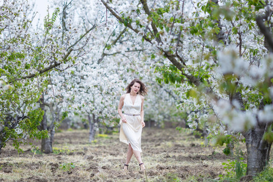 A beautiful young Caucasian woman with curly dark hair walking in blossoming orchard