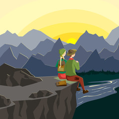 A young couple of tourists are standing on the lake. Mountain landscape and lake. Illustration in a flat style.