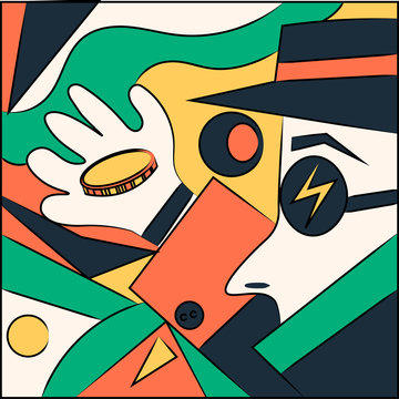 Abstract illustration. A man in a hat and glasses with a coin in his hands.