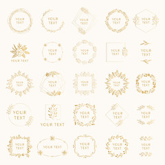 Collection of golden wedding branding with floral elements. Wreaths and frames for feminine design. Vector isolated.
