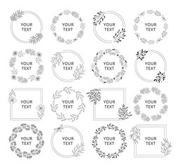 Wedding branding frames. Circle and squared elegant borders with floral elements. Vector isolated illustration.
