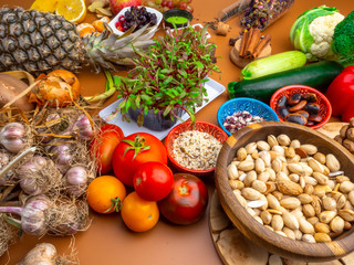 Mixed colorful foods contains antioxidants, vitamins, fiber. Immune boosting products. Healthy clean concept. Superfoods