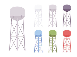 Water tower set. Modern high metal large tank construction, standpipe serving as a hydro reservoir and resources storage system. Vector flat style cartoon illustration, different colors and views