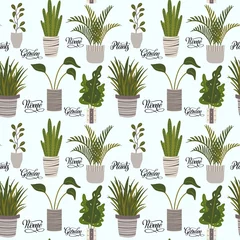 Tapeten Home Topfpflanzen und zitiert nahtloses Muster. Zimmerpflanzen in Töpfen Grafikdesign. Flache Vektorgrafik im gemütlichen skandinavischen Hygge-Stil. © NS