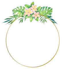 Obraz premium Golden round frame with tropical flowers and leaves. Watercolor illustration for invitations, holiday cards