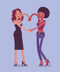Black female friendship hand heart gesture. Happy young girls enjoy fun, companions, close friends in romantic, good relationship, smiling girlfriends together. Vector flat style cartoon illustration