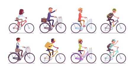 Cyclists and bicycles set. Male, female happy persons riding different cycles for sport, fun, work, business or recreation, use sharing system in public places. Vector flat style cartoon illustration