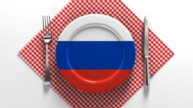 National dishes of Russia. Delicious recipes from Europe. Flag on a plate with food from Russia.