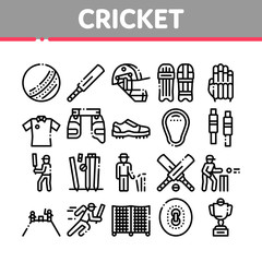 Cricket Game Collection Elements Icons Set Vector Thin Line. Cricket Ball And Bat, T-shirt And Spike Sneakers, Gaming Equipment And Cup Concept Linear Pictograms. Monochrome Contour Illustrations