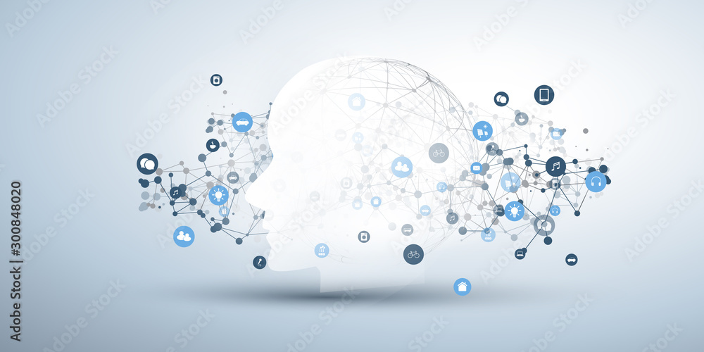 Poster machine learning, artificial intelligence, cloud computing and networks design concept with human or