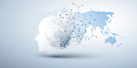 Machine Learning, Artificial Intelligence, Cloud Computing and Networks Design Concept with Human or Robot Face Silhouette, Polygonal Network Mesh and World Map