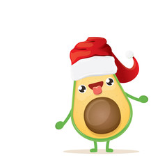 cartoon happy avocado character with red santa claus hat isolated on white background. vector christmas fruit funky character with red cap. Christmas design elements for poster, postcard, banners