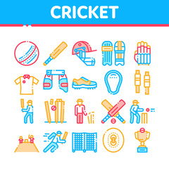 Cricket Game Collection Elements Icons Set Vector Thin Line. Cricket Ball And Bat, T-shirt And Spike Sneakers, Gaming Equipment And Cup Concept Linear Pictograms. Color Contour Illustrations