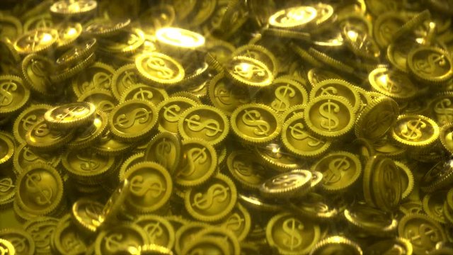 Pile of gold coins with light glares. Seamless loop 3D render animation