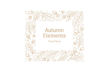 Vector outline frame, border with autumn oak leaves, acorns. Pattern in line art style.