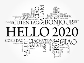 Hello 2020 word cloud in different languages of the world, background concept