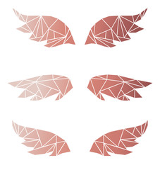 Set with abstract geometry polygonal wings, low poly vector illustration, rose gold wings on white background