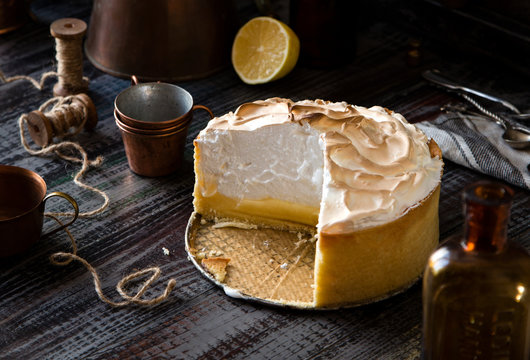 Lemon Tart With Shortbread Crust And Whipped Meringue On Top