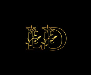 Golden letter L and D, LD vintage decorative ornament emblem badge, overlapping monogram logo, elegant luxury gold color on black background.